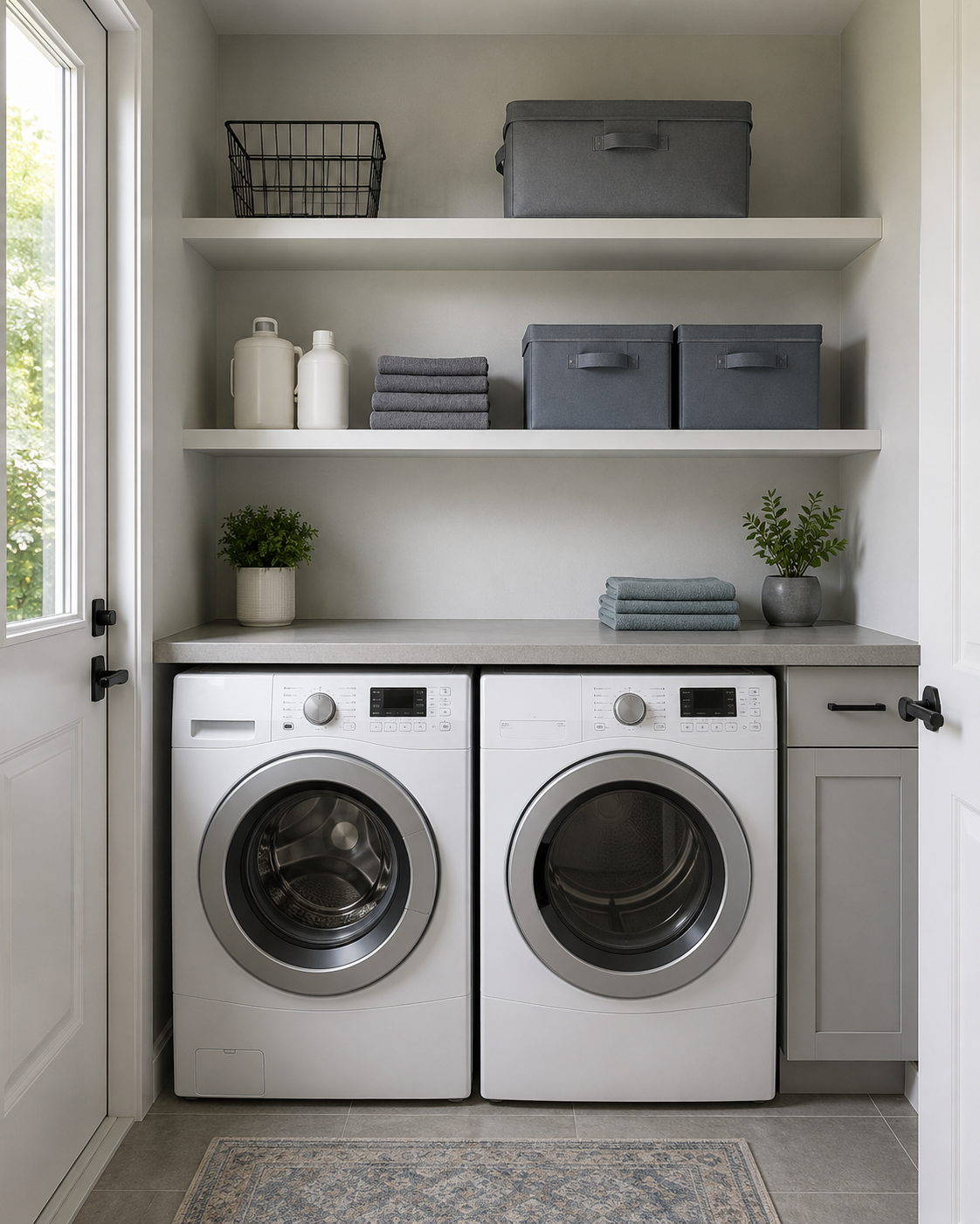 Laundry shelves combining open everyday supplies with handled bins that conceal smaller items.