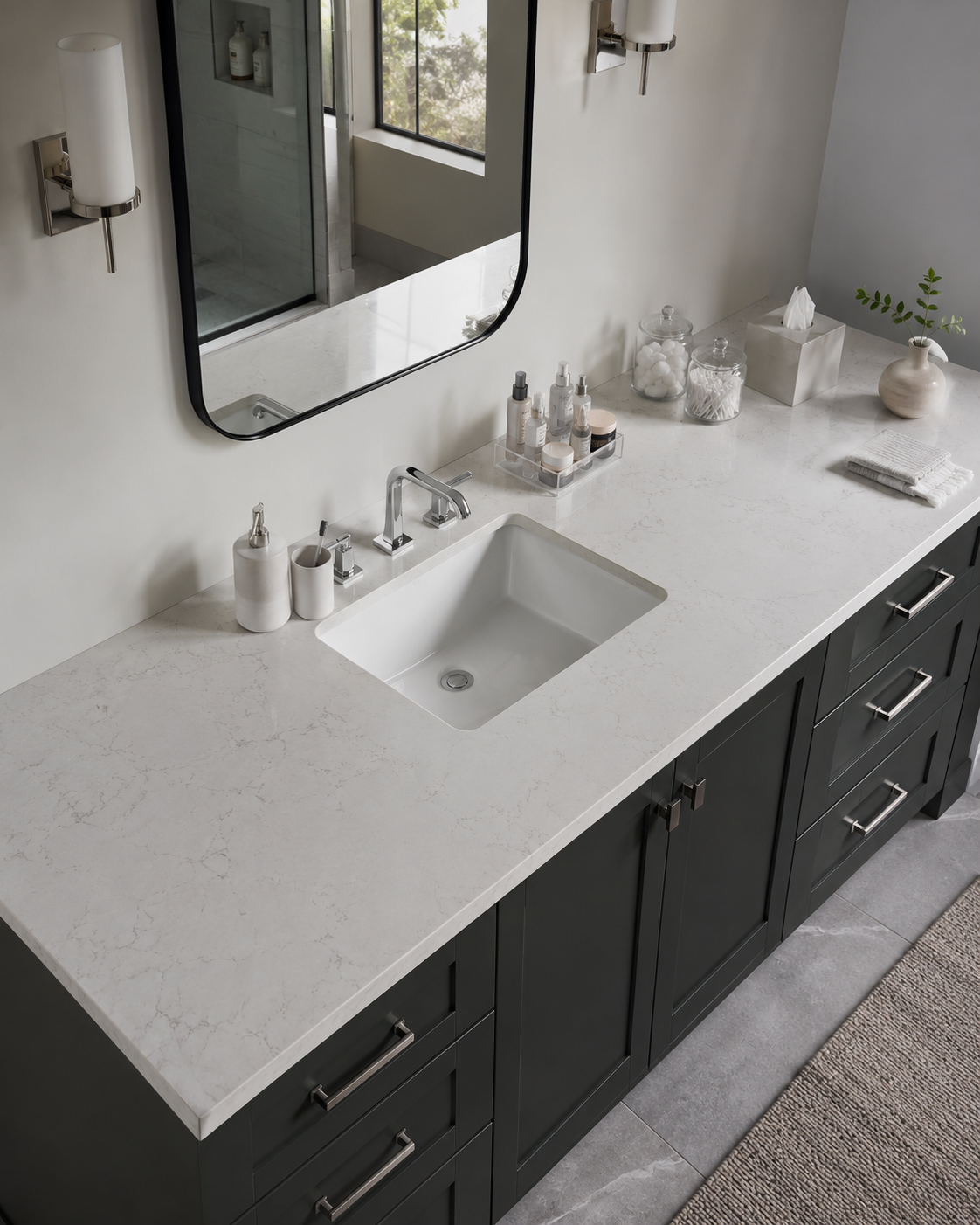 Elevated bathroom vanity view organized into sink, daily routine, refill and finishing zones