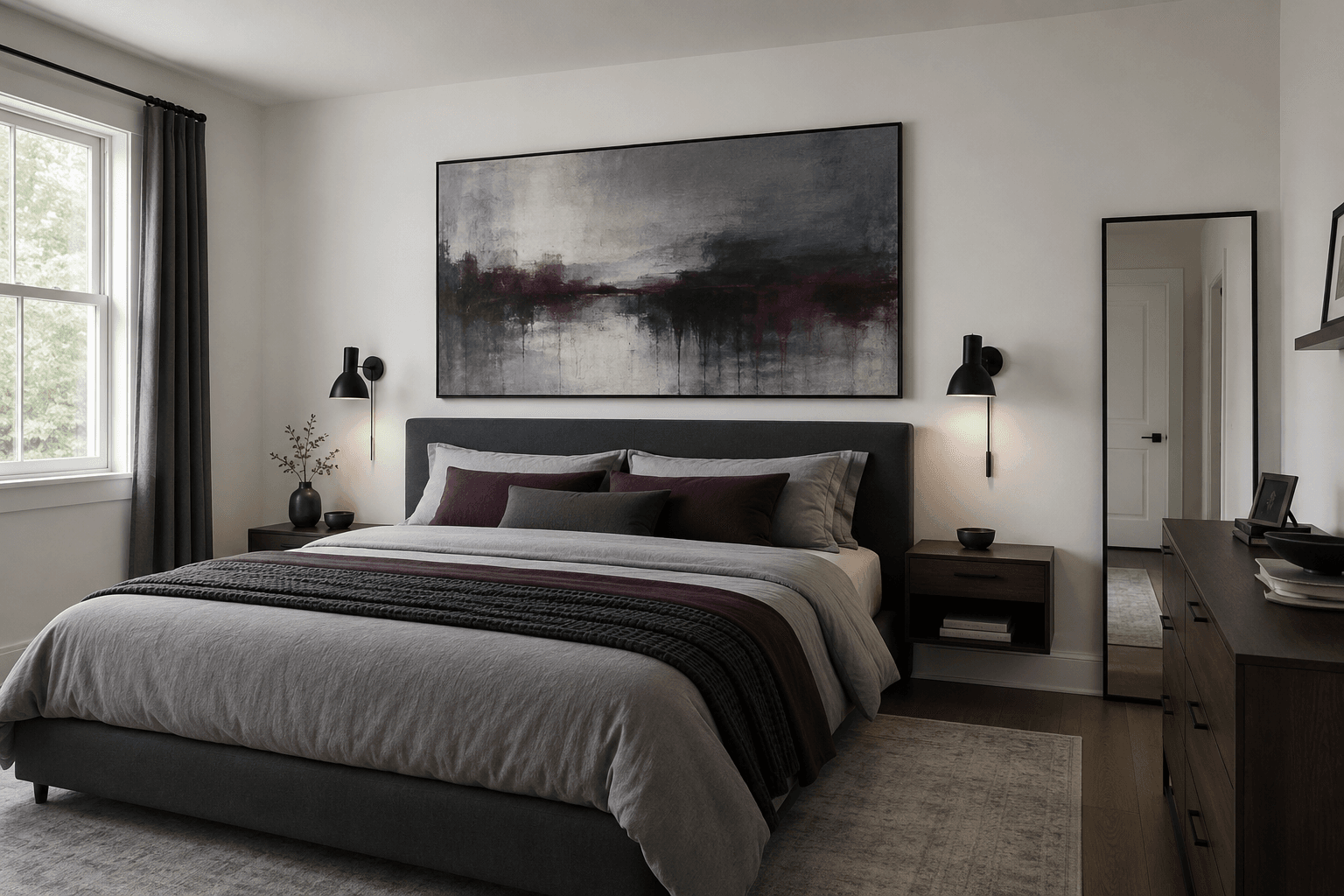 Finished contemporary bedroom with large above-bed artwork, bedside wall lights and a secondary full-length mirror.