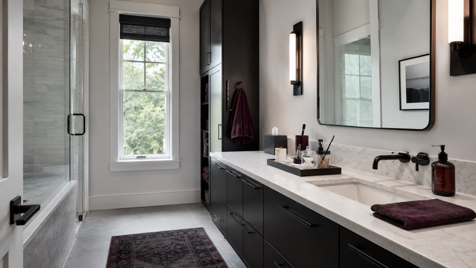 Fully resolved contemporary bathroom with organized vanity counter, coordinated accessories and clear working surface
