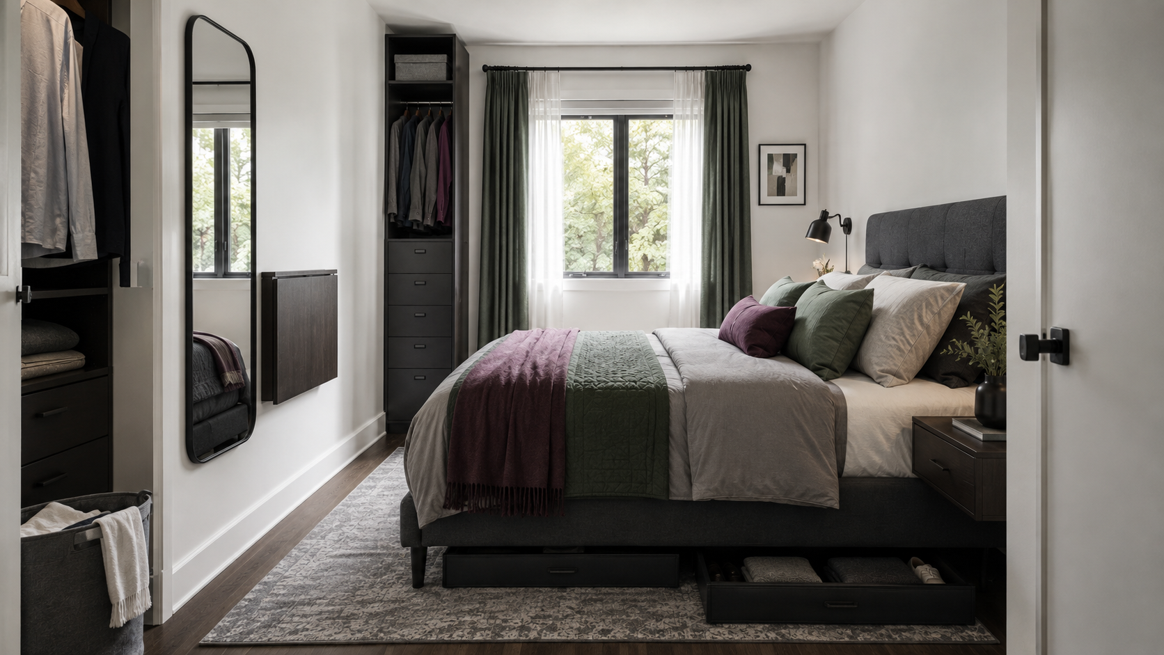 Fully resolved small bedroom combining clear circulation, concealed storage, narrow furniture and vertical capacity.