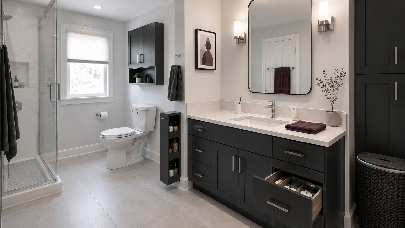 Finished contemporary bathroom combining closed storage, vertical capacity, narrow-gap storage and defined towel and laundry zones while keeping surfaces and floors clear.