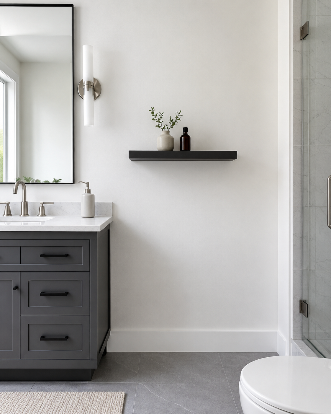 Bathroom shelf positioned to demonstrate width, depth and clearance before purchase