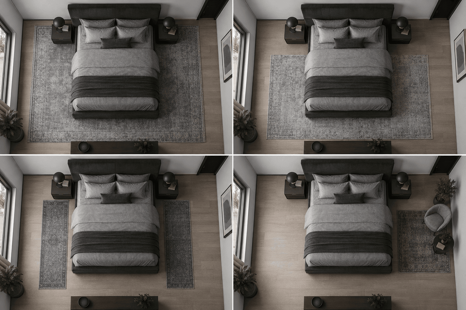 Four top-down bedroom scenes showing full under-bed, lower-bed, paired-runner and compact rug placement options.