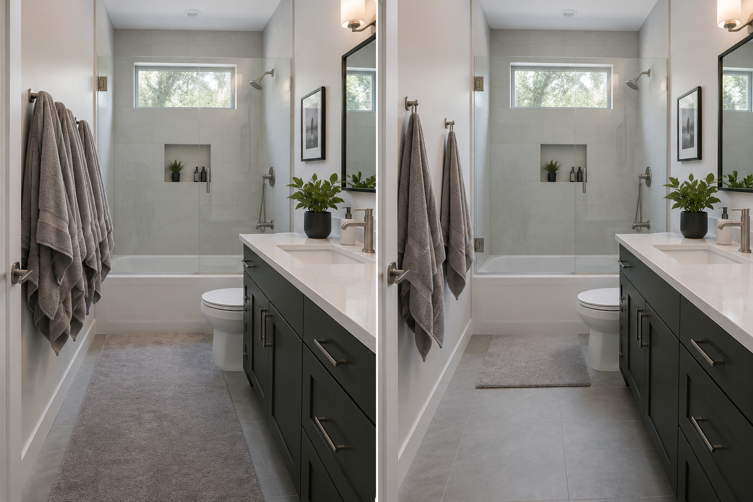 Comparison of crowded damp bathroom textiles versus a better-spaced drying arrangement.
