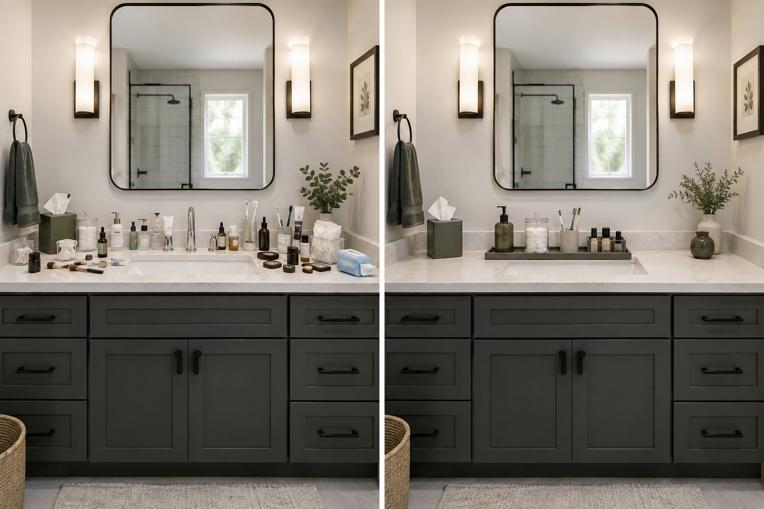 Same bathroom vanity shown with scattered products and with the same items consolidated into organized zones