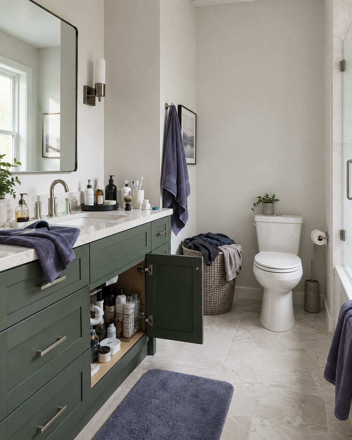 Bathroom showing four common storage pressure points: crowded counter, inefficient under-sink storage, towel and laundry overflow, and unused vertical wall space.