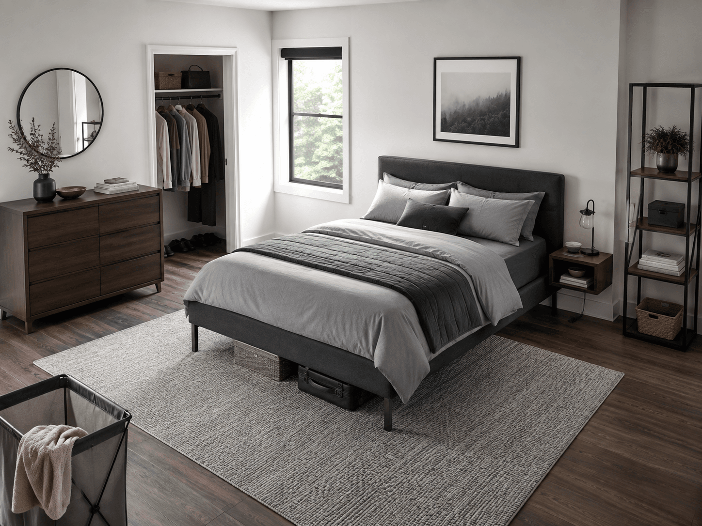 Bedroom Storage - Ravnora Decor Bedroom view showing closet, under-bed, dresser, bedside, laundry and vertical storage zones.