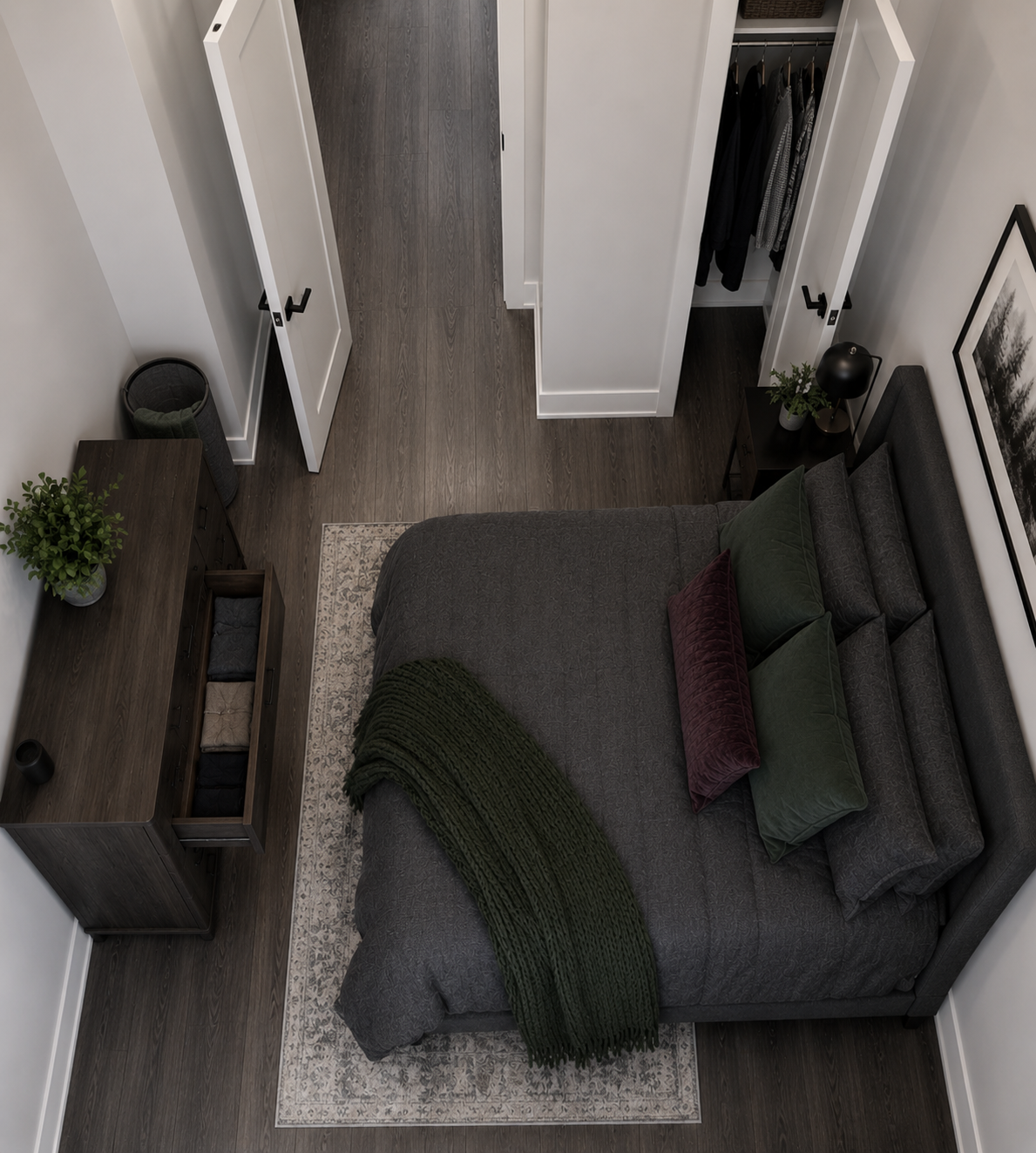 Top-down small-bedroom layout showing circulation between the entrance, bed, closet and storage.