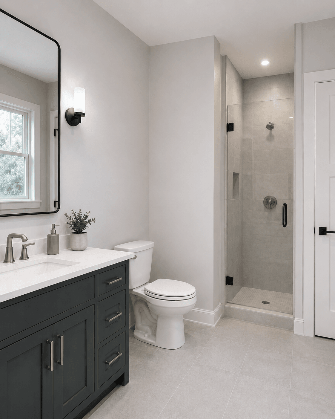 Bathroom showing vanity, toilet, narrow-wall and dry-corner zones that could be evaluated for shelving
