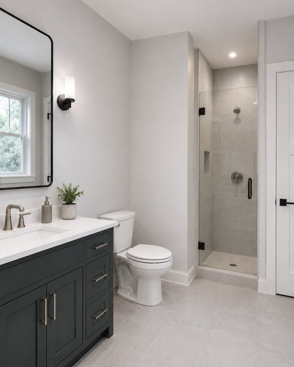Bathroom showing unused vanity, toilet, narrow-wall and dry-corner zones suitable for shelving