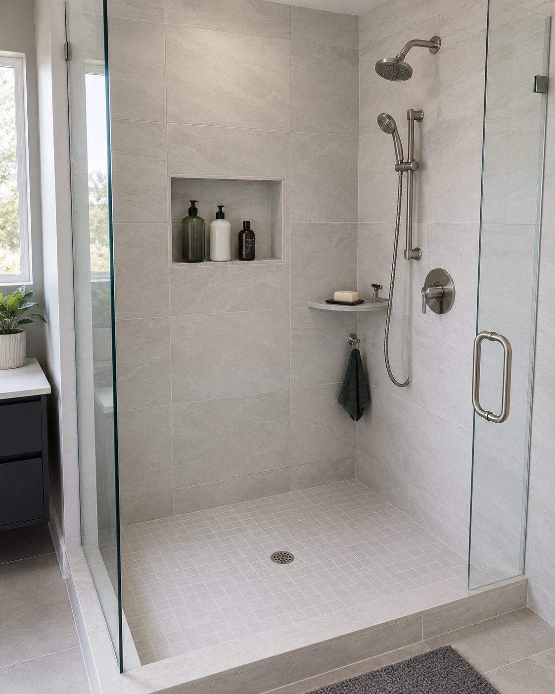 Contemporary shower arranged into clear zones for bottles, soap, hanging items and an unobstructed floor and drain.