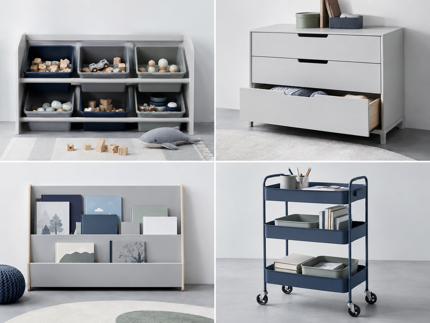 Four storage behaviors shown as low bins, drawers, display storage and a rolling cart.