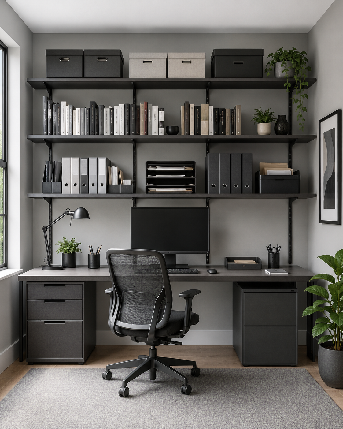 Home office wall illustrating archive, book, active file and desktop reach zones