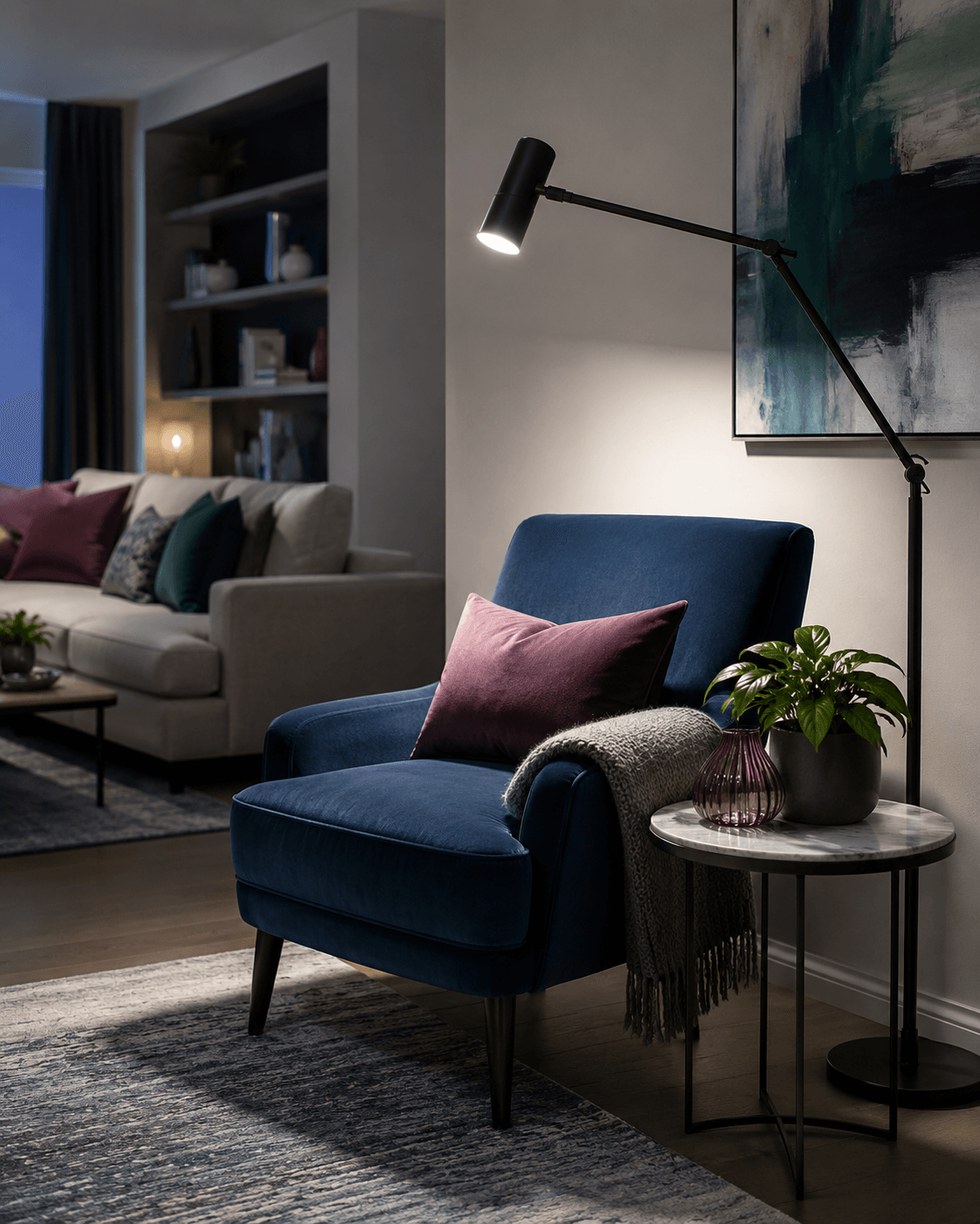 Living room reading corner with dedicated task lighting beside a chair.