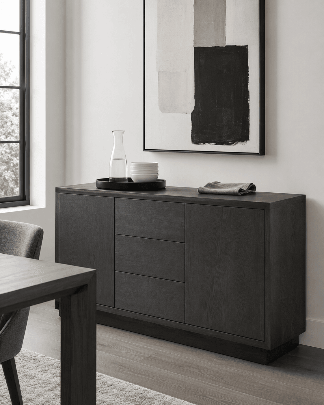 Ready-to-serve dining sideboard with organized serving accessories