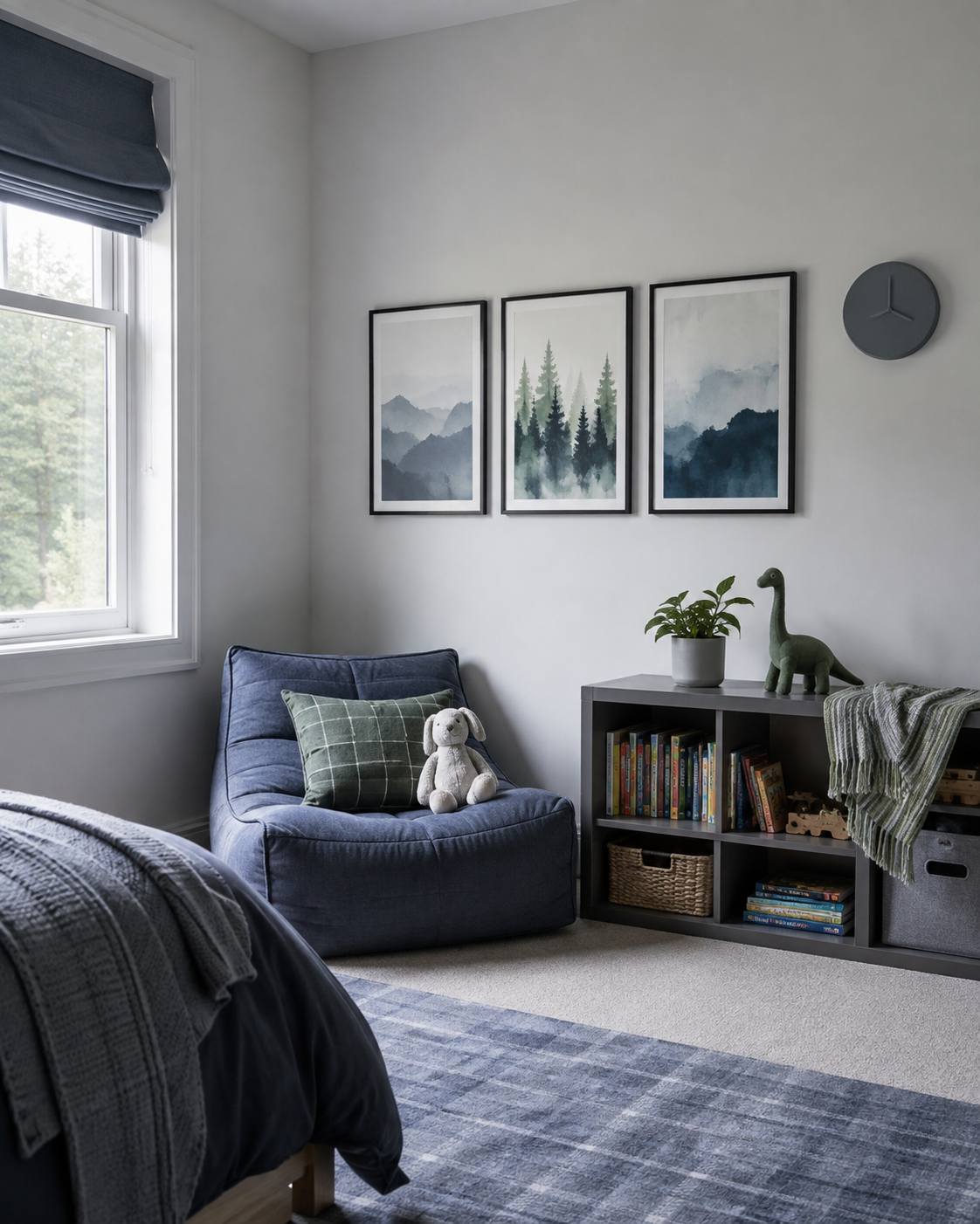 Cool-toned kids reading corner with restrained framed artwork beside books and a reading chair.