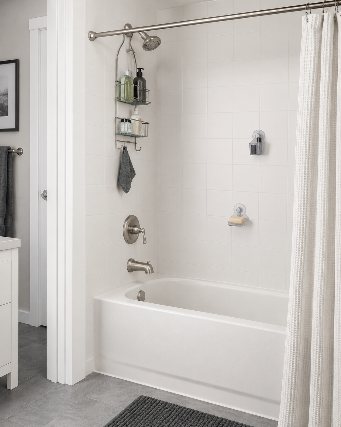 Rental-friendly tub shower organized with a hanging caddy and removable small-item storage.