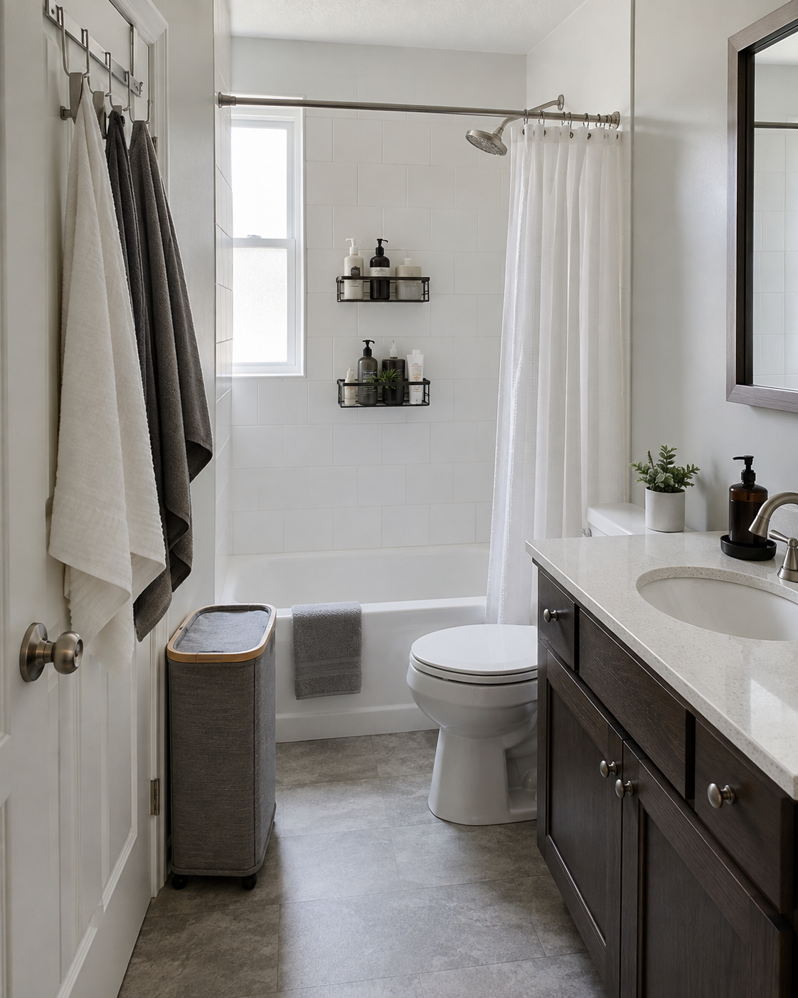 Rental-friendly small bathroom organized with removable storage