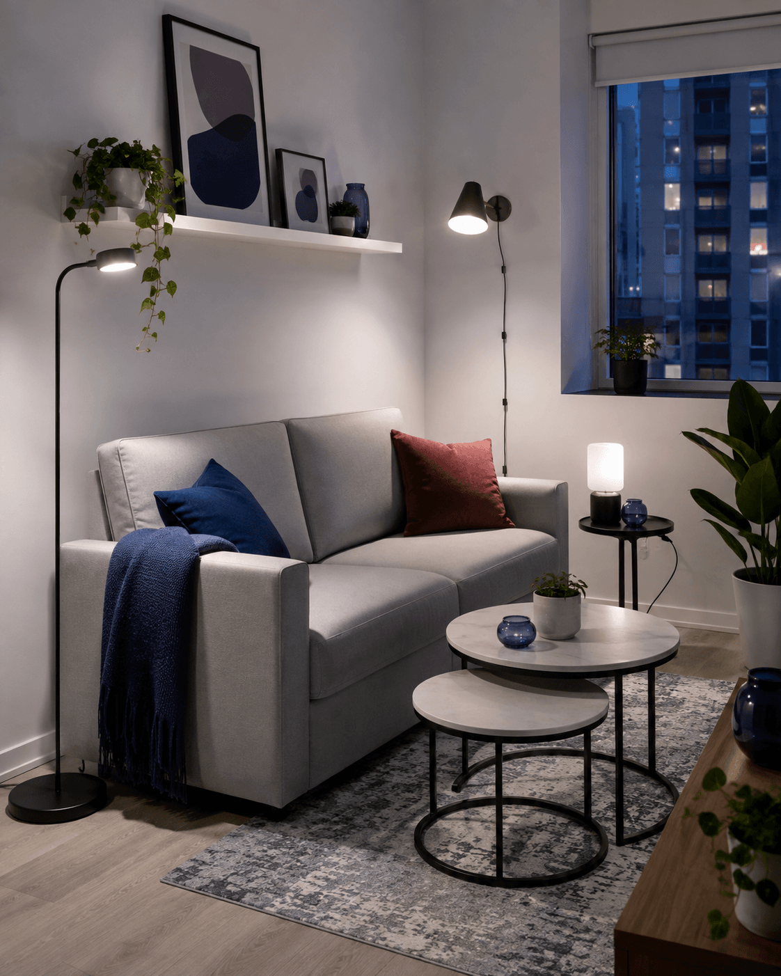 Compact living room using floor, table and plug-in wall lighting.