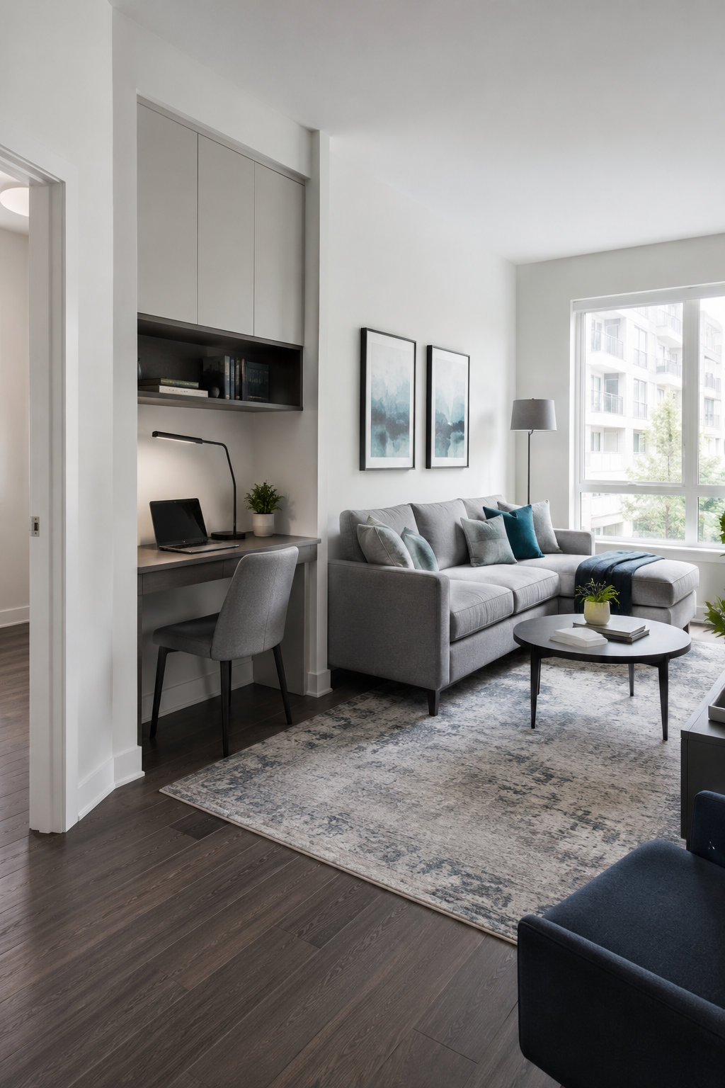 Resettable renter-friendly home office using movable furniture.