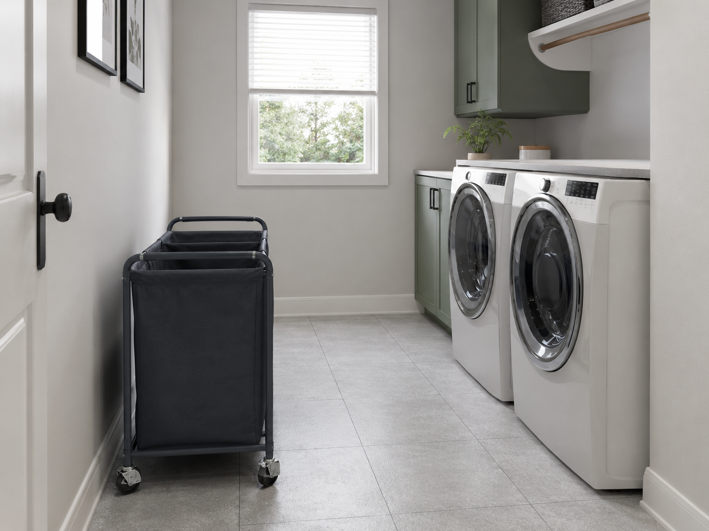 Laundry Hampers - Ravnora Decor Rolling laundry sorter parked along a wall with a clear path to the washer and dryer.