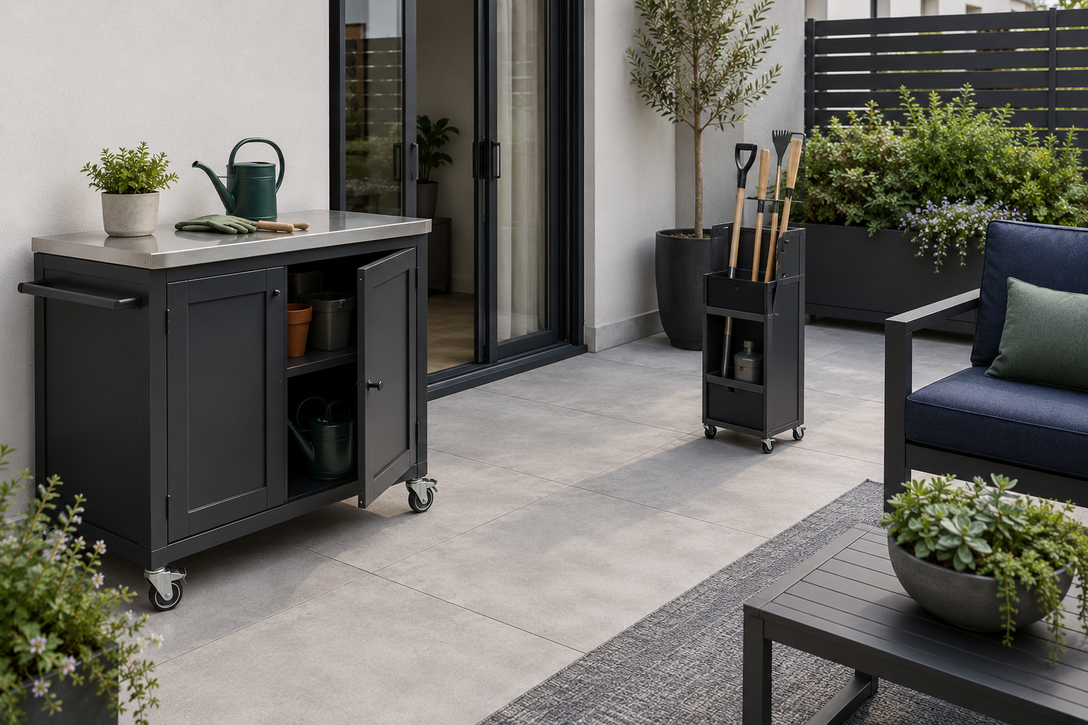 Rolling outdoor storage cabinet and mobile garden-tool organizer positioned beside an open patio route.