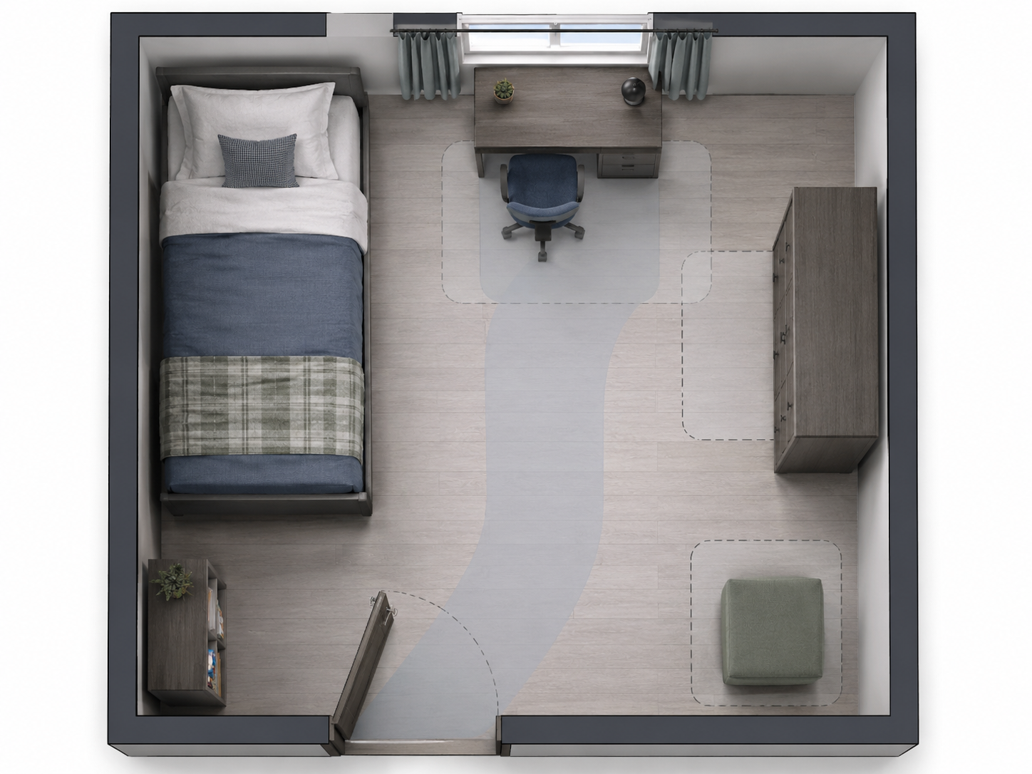 Top-down kids bedroom fit map showing furniture footprints, opening clearances and a protected circulation route.