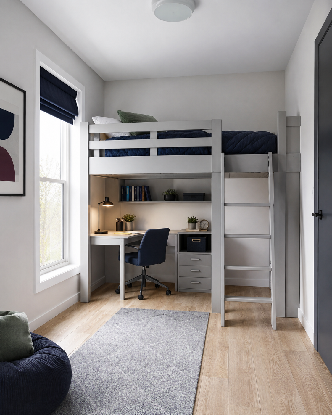 Small Kids Room Solutions - Ravnora Decor Compact kids room combining a lofted sleep area and study zone while preserving usable floor space.