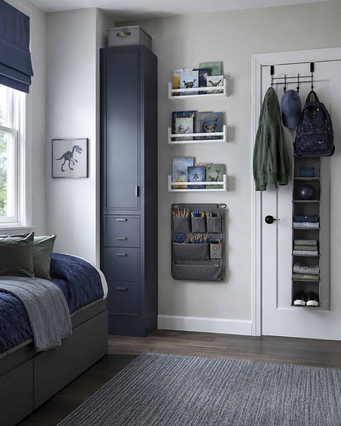 Small Kids Room Solutions - Ravnora Decor Small kids room using tall narrow storage, wall book ledges, hanging pockets and the back of the door to keep more floor clear.