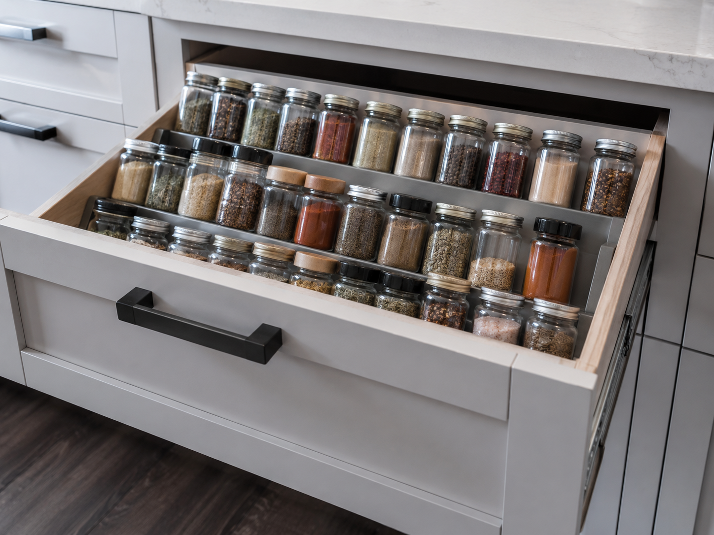 Angled spice drawer keeping multiple rows of jars visible for quick scanning
