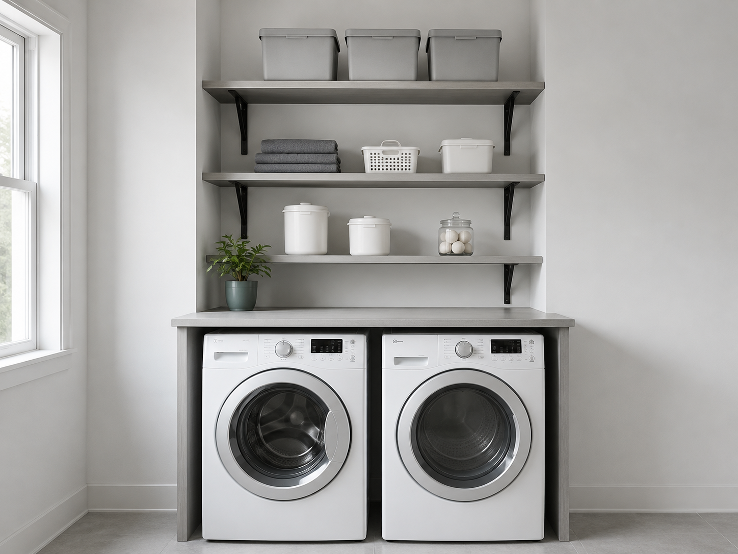 Laundry shelving organized into daily-use, occasional-use and upper reserve storage zones.