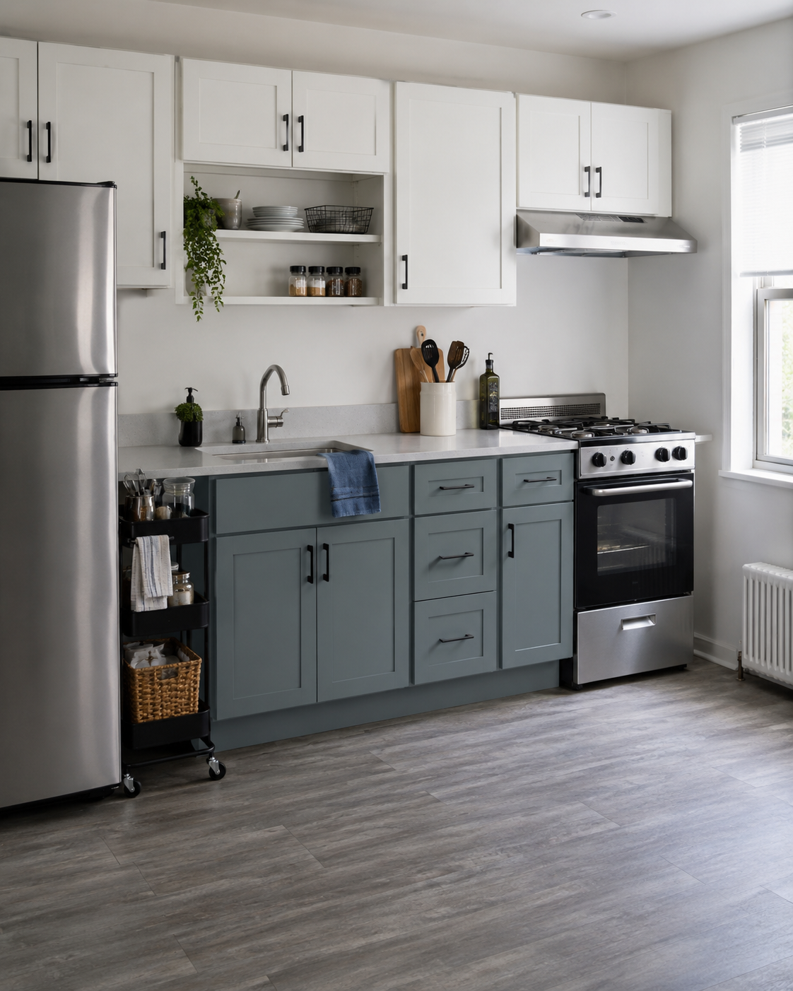 Compact single-wall rental kitchen with flexible small-space storage