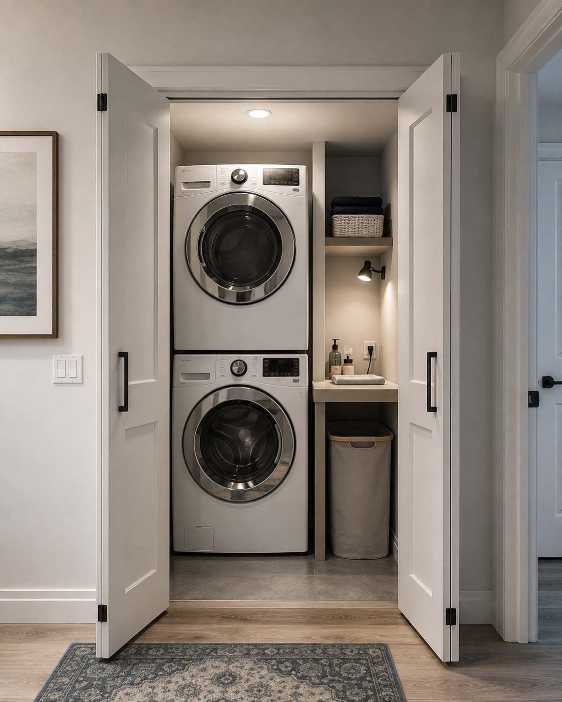 Laundry Lighting - Ravnora Decor Compact stacked laundry closet using an overhead access light and a small secondary utility light.