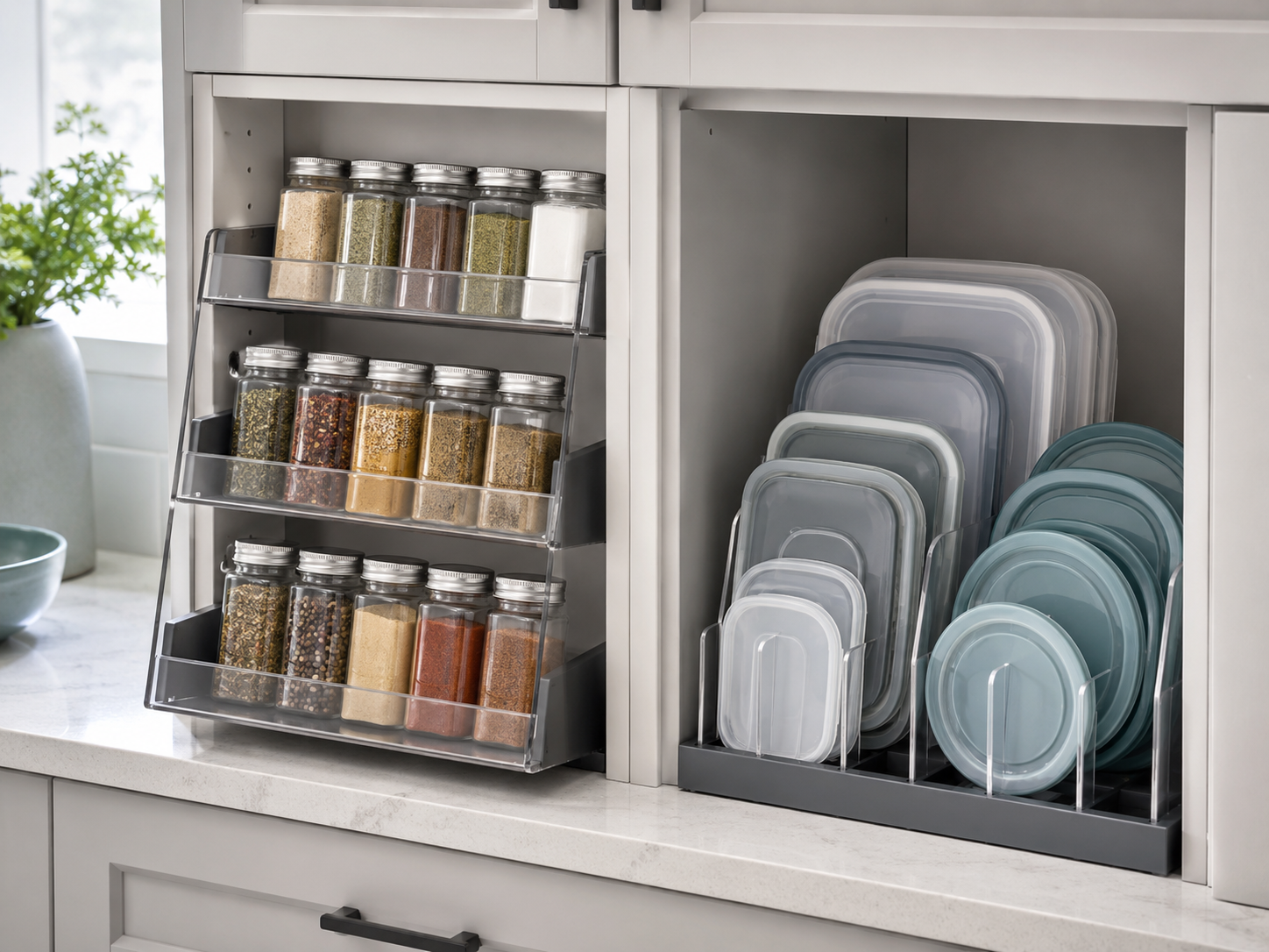Kitchen Cabinet Organization - Ravnora Decor Kitchen cabinet with visible tiered spice storage beside a divided organizer holding food-container lids upright.