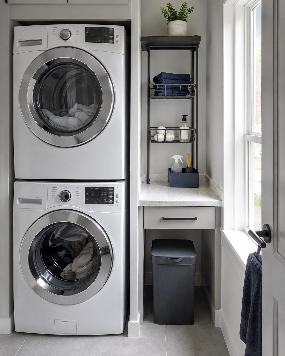 Narrow laundry room with stacked appliances, a mostly clear side counter and compact vertical backup storage.
