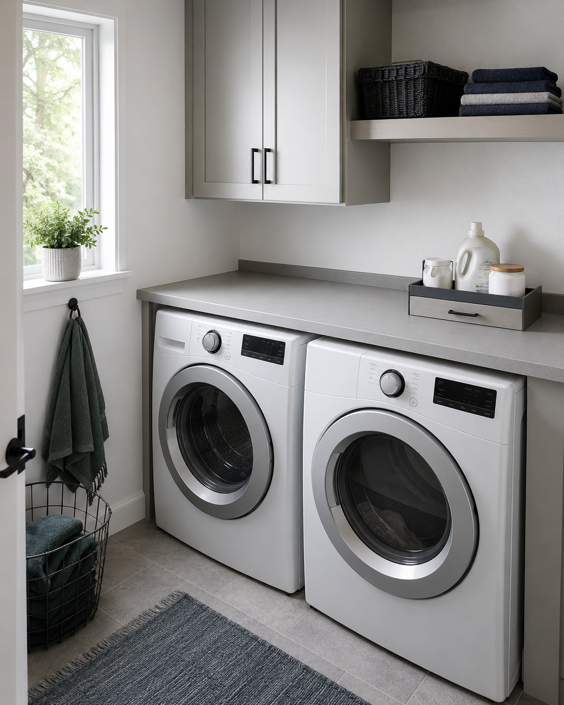 Standard side-by-side laundry room with a compact daily-use organizer edge and an open central folding surface.