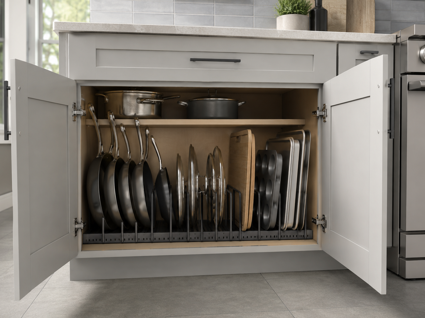 Kitchen Cabinet Organization - Ravnora Decor Lower kitchen cabinet storing pans, lids and bakeware upright in separate organizer slots instead of stacked piles.
