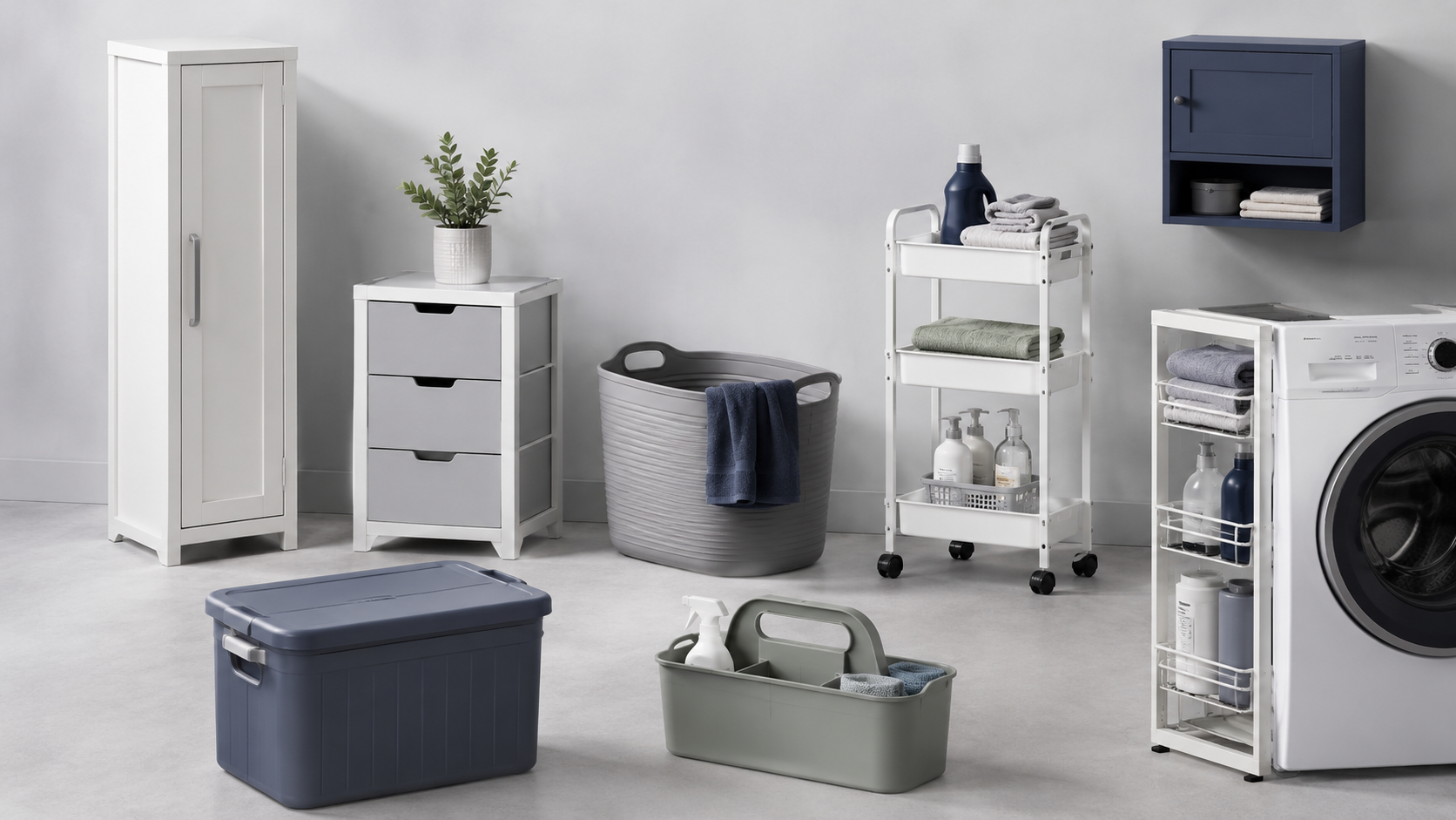 Editorial grouping of eight laundry-storage forms including cabinets, drawers, bins, carts, wall storage, bulk storage and utility organizers.