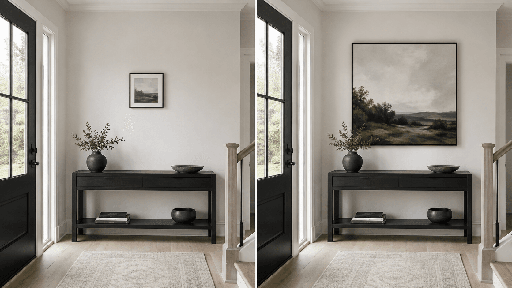 Side-by-side entryway comparison showing underscaled wall art and a more appropriately proportioned focal artwork
