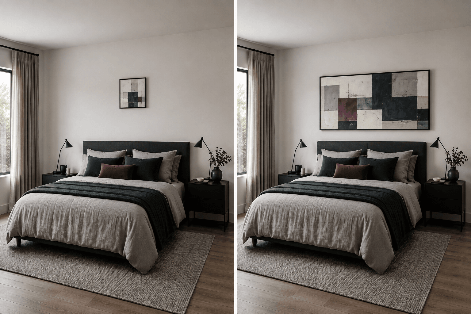 Side-by-side bedroom comparison showing undersized wall art versus properly scaled artwork above the same bed.