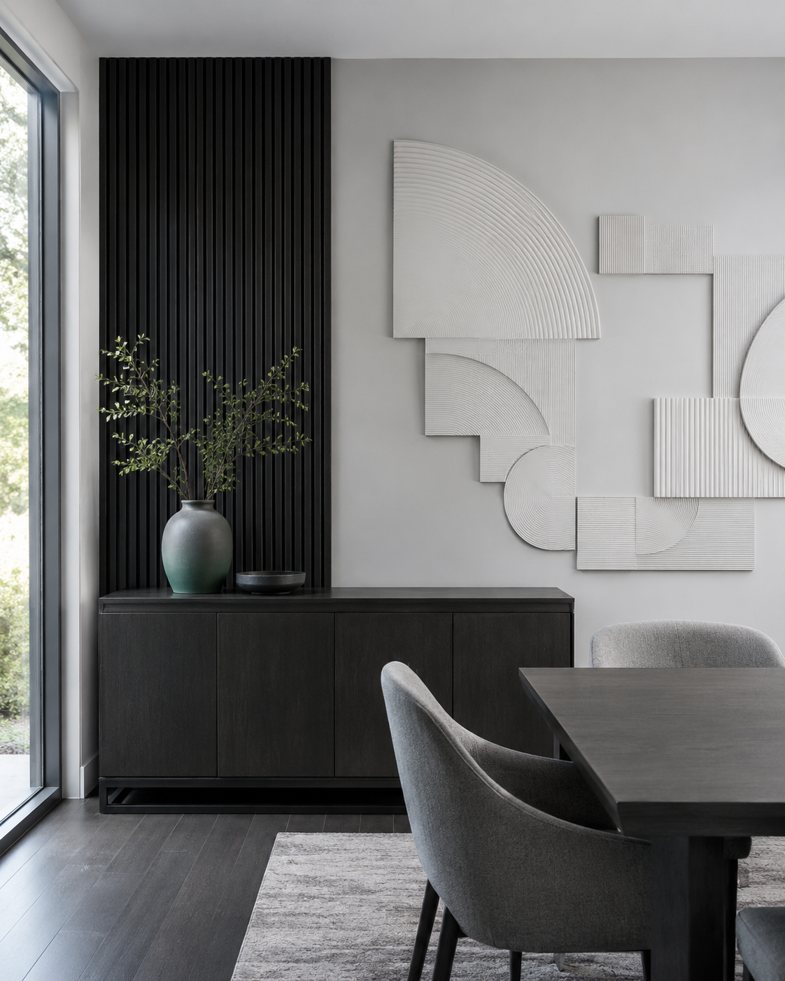 Dining room wall using white geometric relief and matte-black fluted architectural texture