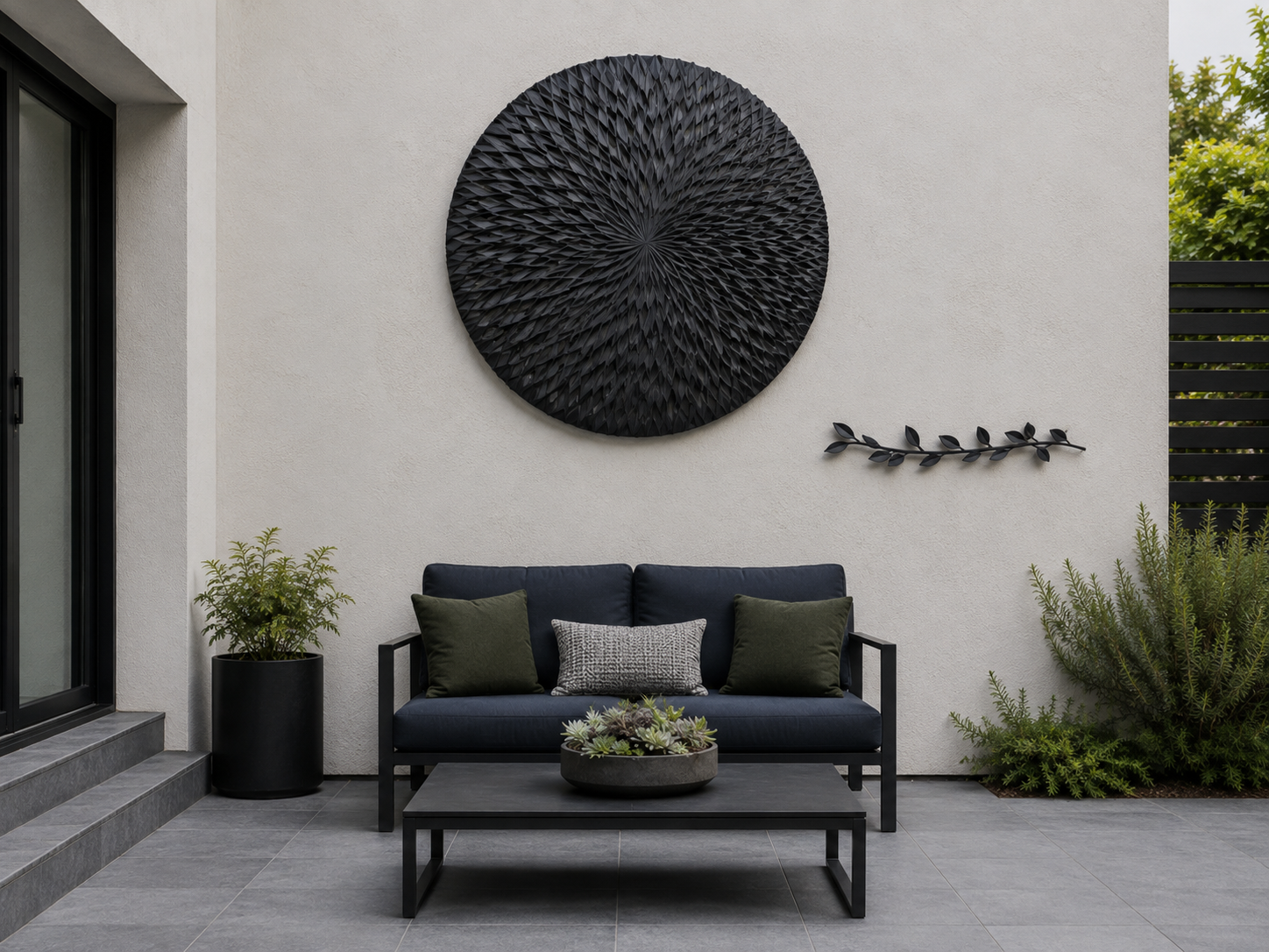 Contemporary patio seating wall with one large dark sculptural wall piece and a smaller linear supporting accent.