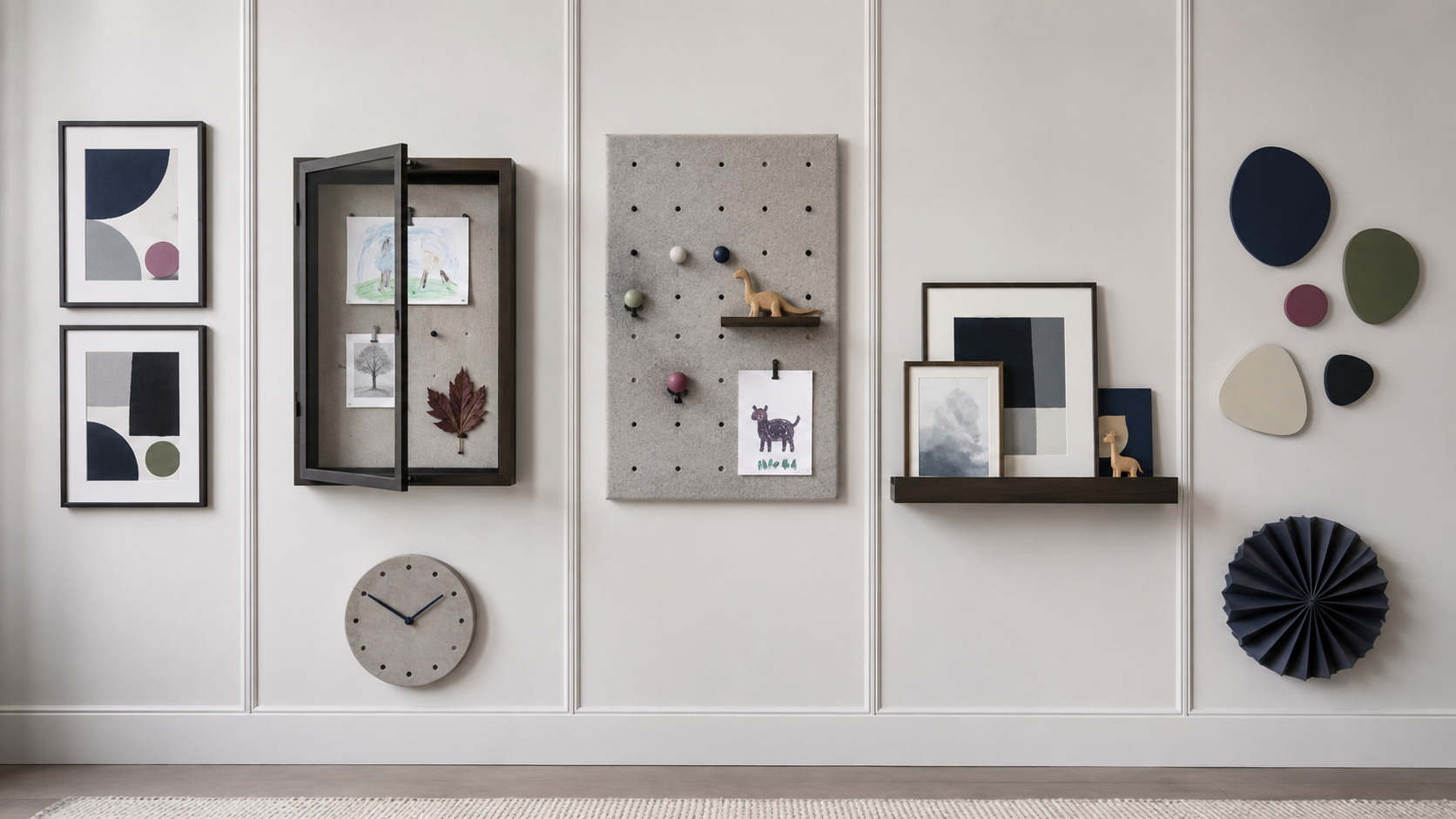 Kids wall showing framed artwork, a changeable display area and a functional organization zone.