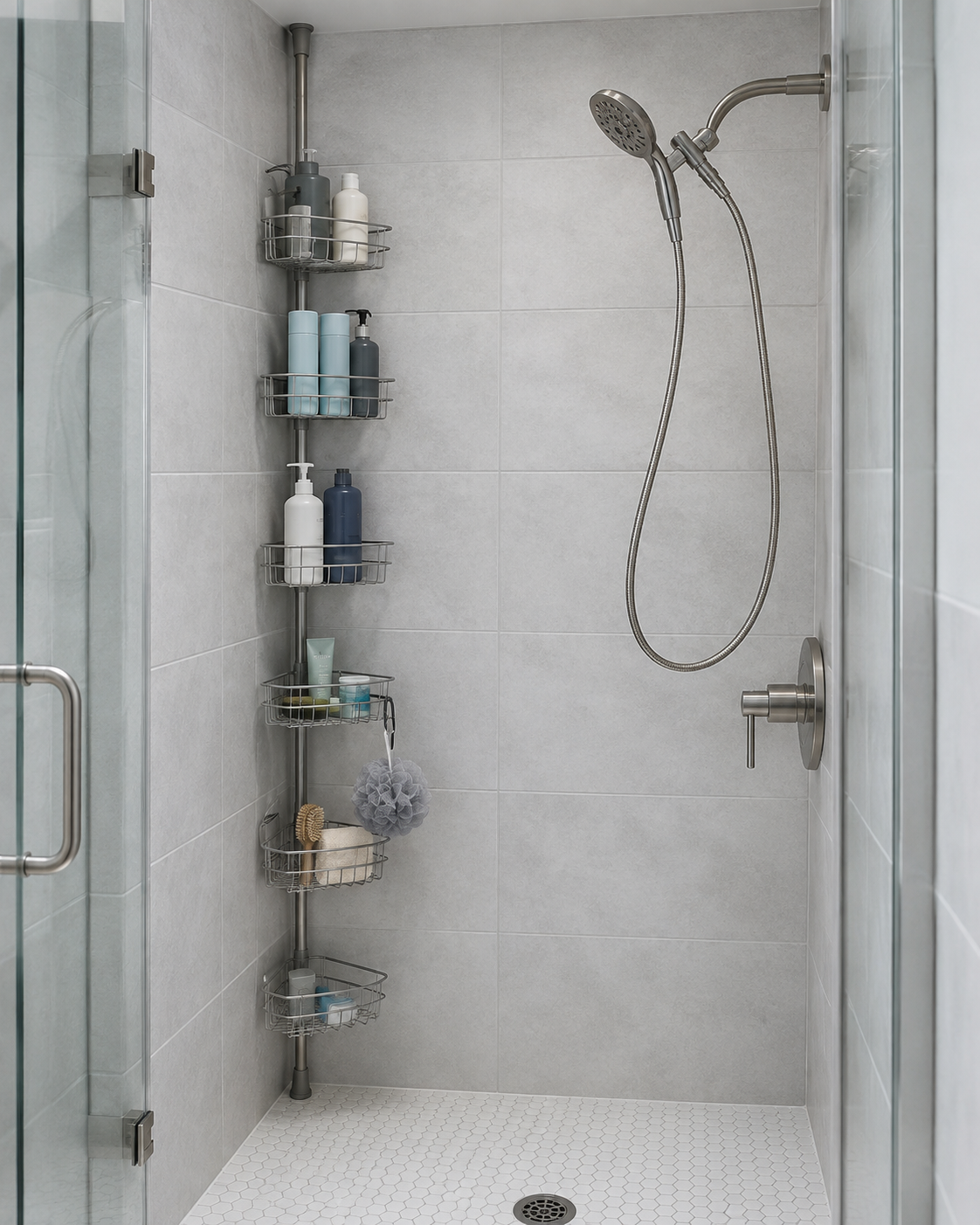 Shared shower with one vertical high-capacity organizer, several family bottles and a clear shower floor.