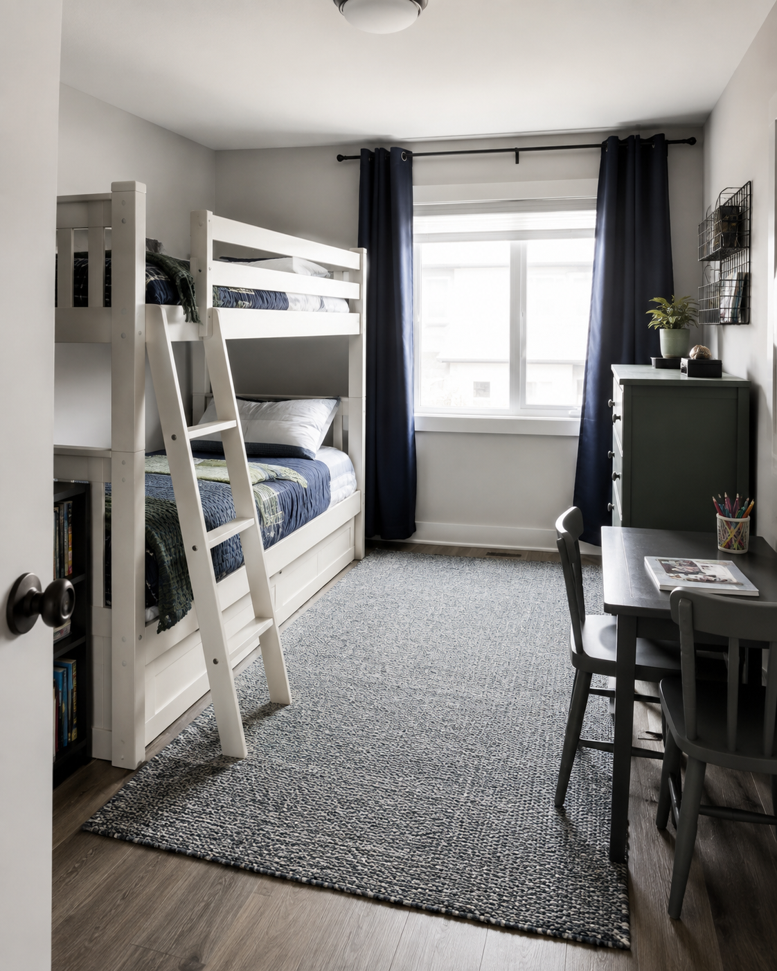 Shared kids bedroom with bunk beds, consolidated storage and compact shared work furniture around a clear center.