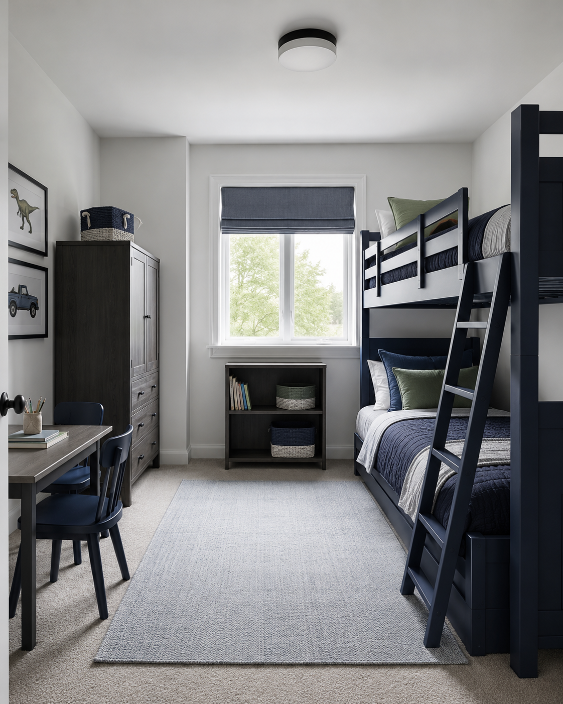 Shared kids bedroom with bunk beds, consolidated wardrobe storage and a two-person work table around an open floor route.