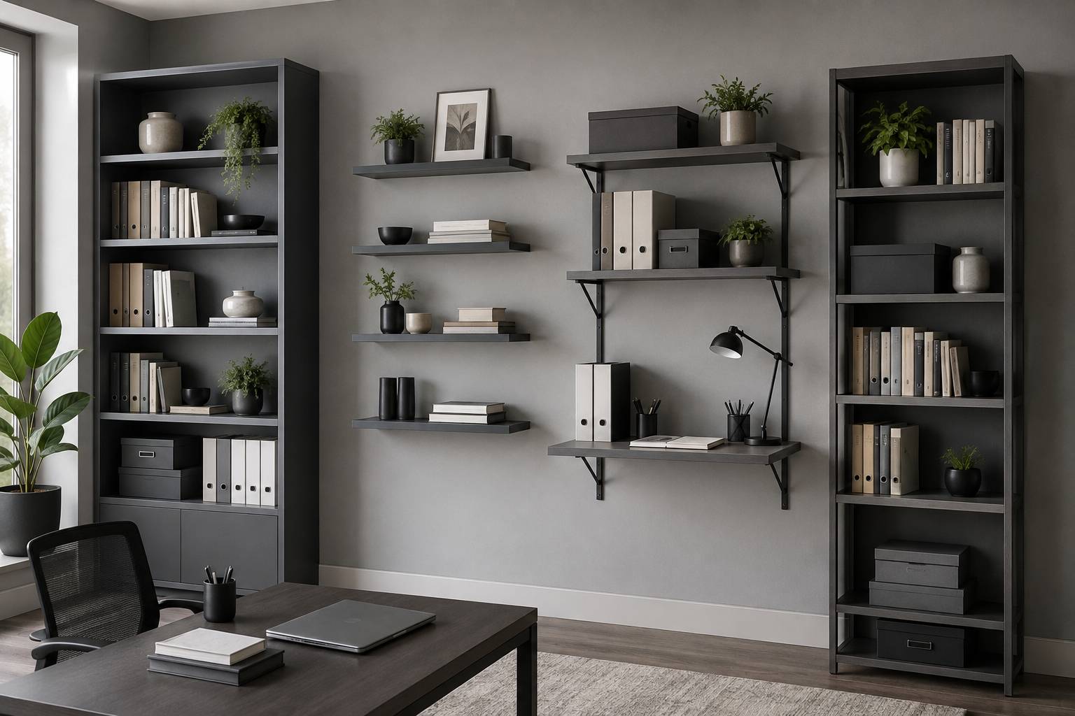 Visual comparison of floating, bracketed, modular and freestanding office shelving routes