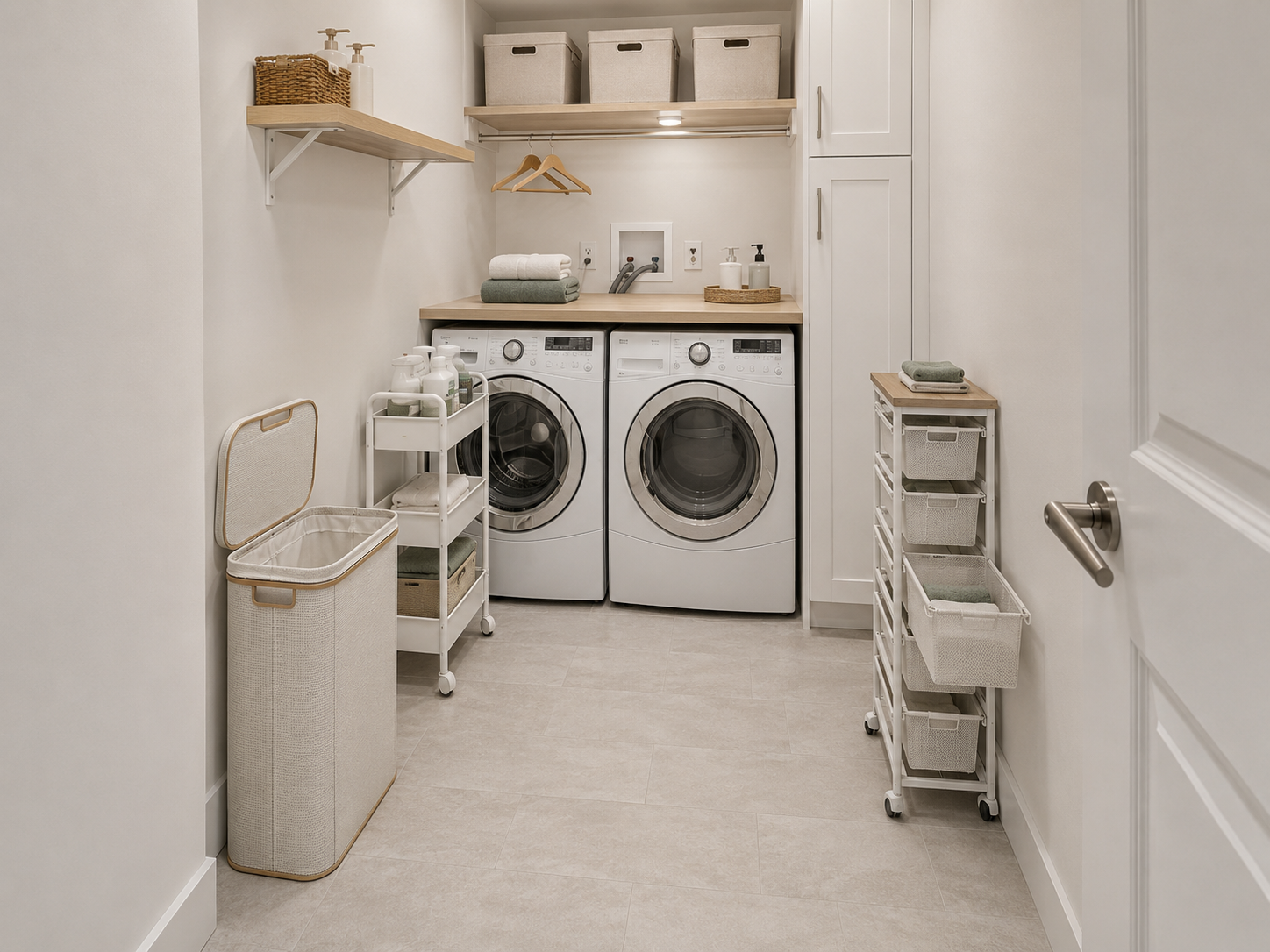 Narrow laundry room with front-loading appliances, two slim rolling carts, a tall storage cabinet and a compact lidded hamper.