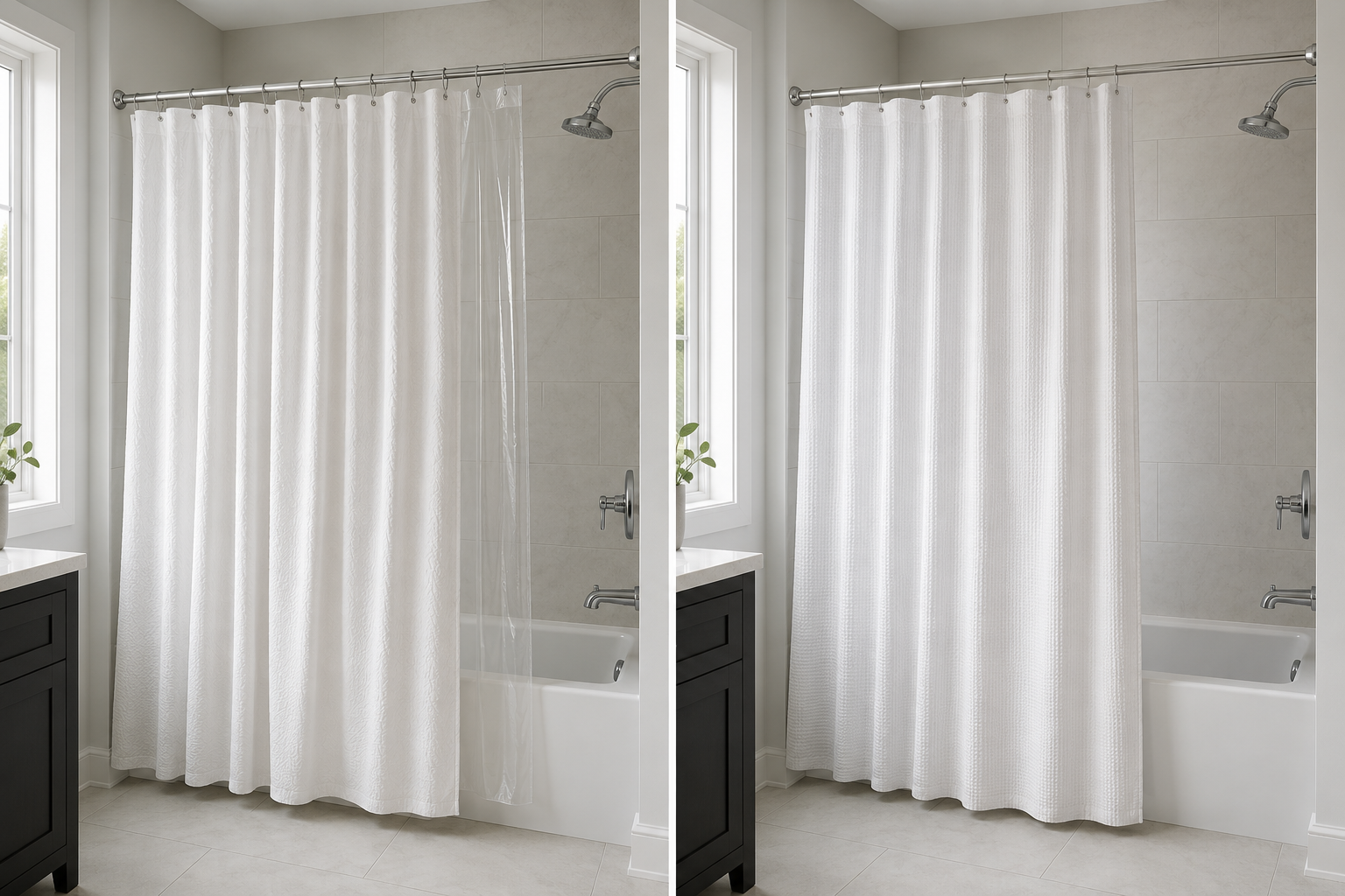 Comparison of separate shower curtain and liner system with an integrated snap-in liner system.